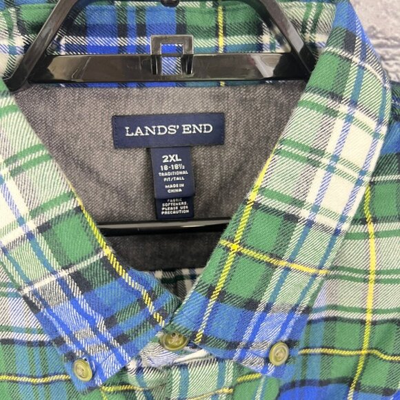 Lands' End Mens Flannel Shirt Traditional Fit 2XL Tall  18-18 1/2 NEW Green Blue - Picture 4 of 4